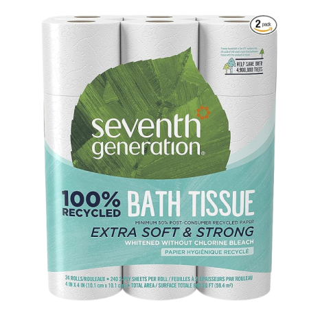 Seventh Generation Toilet Paper White Bathroom Tissue 2-ply 100% Recycled Paper without Chlorine Bleach 24 count, (Pack of 2)
