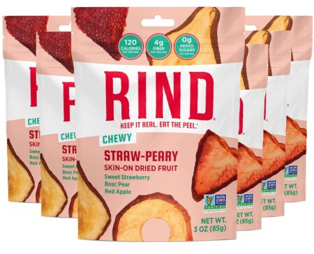 RIND Snacks | Straw-Peary | Strawberry, Apple, & Pear | Dried Fruit Superfood | Chewy Snack | No Sugar Added | All Natural | High in Fiber | Gluten Free | Vegan | Paleo | Fruit Snacks | 3 oz | 6 Pack