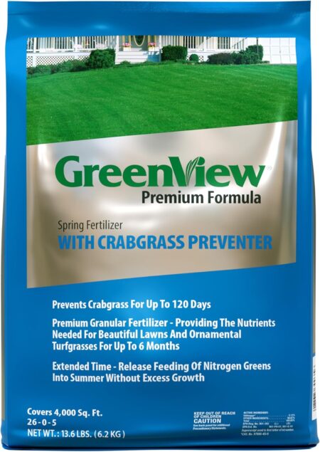 GreenView Premium Formula Spring Fertilizer with Crabgrass Preventer 26-0-5, 13.6 lb Bag - Covers 4,000 sq. ft.