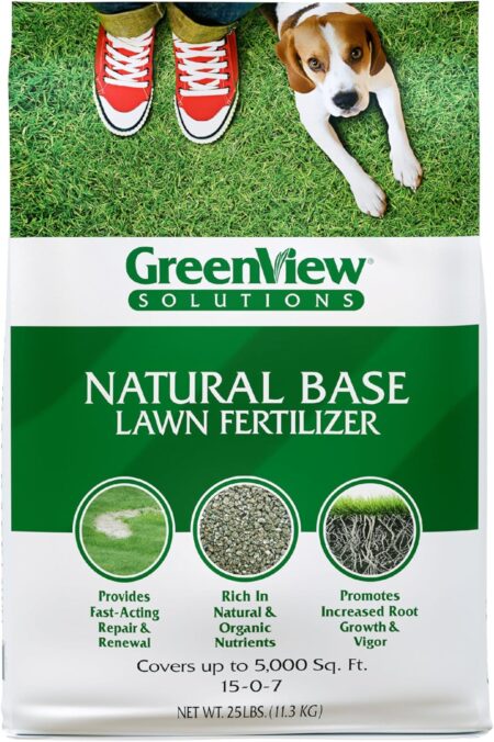 GreenView Solutions Natural Base Lawn Fertilizer – Rich in Natural & Organic nutrients This Slow-Release Fertilizer Provides Fast-Acting Repair and Renewal, 25 lb. - Covers 5,000 sq. ft.